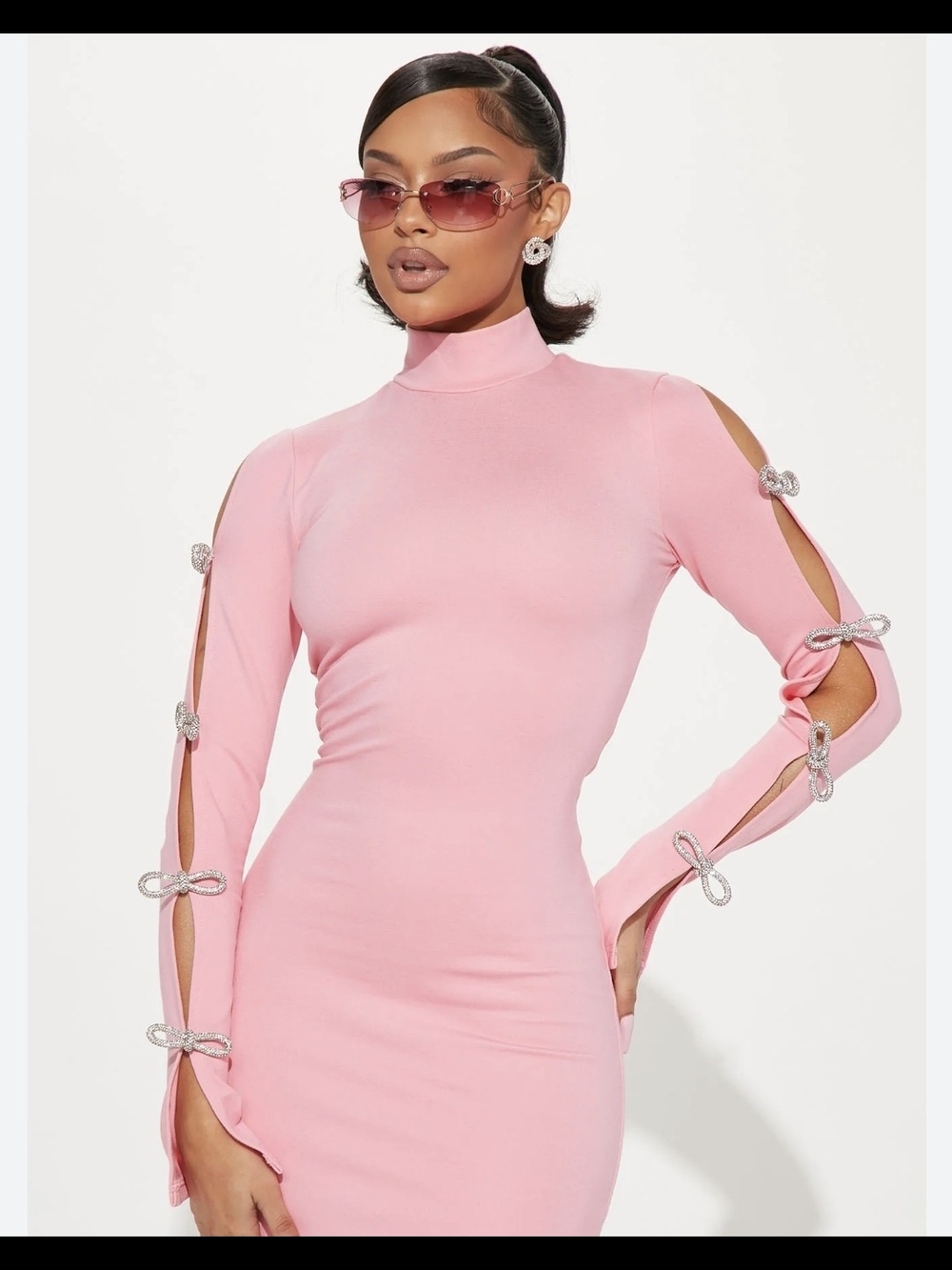 FASHION NOVA High-Neck Pink Bodycon Dress with Bow-Detail Sleeves